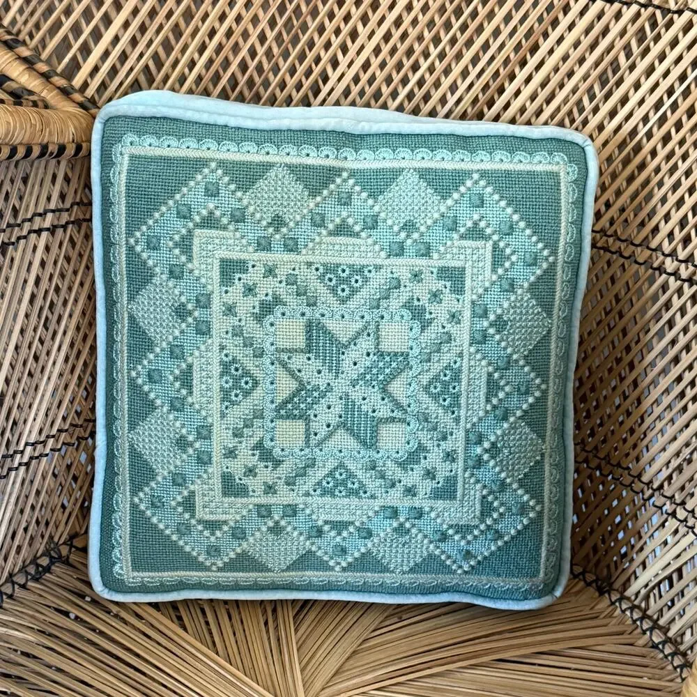 Vintage Hardanger Embroidery pillow blue decorative pillow 13x13 in